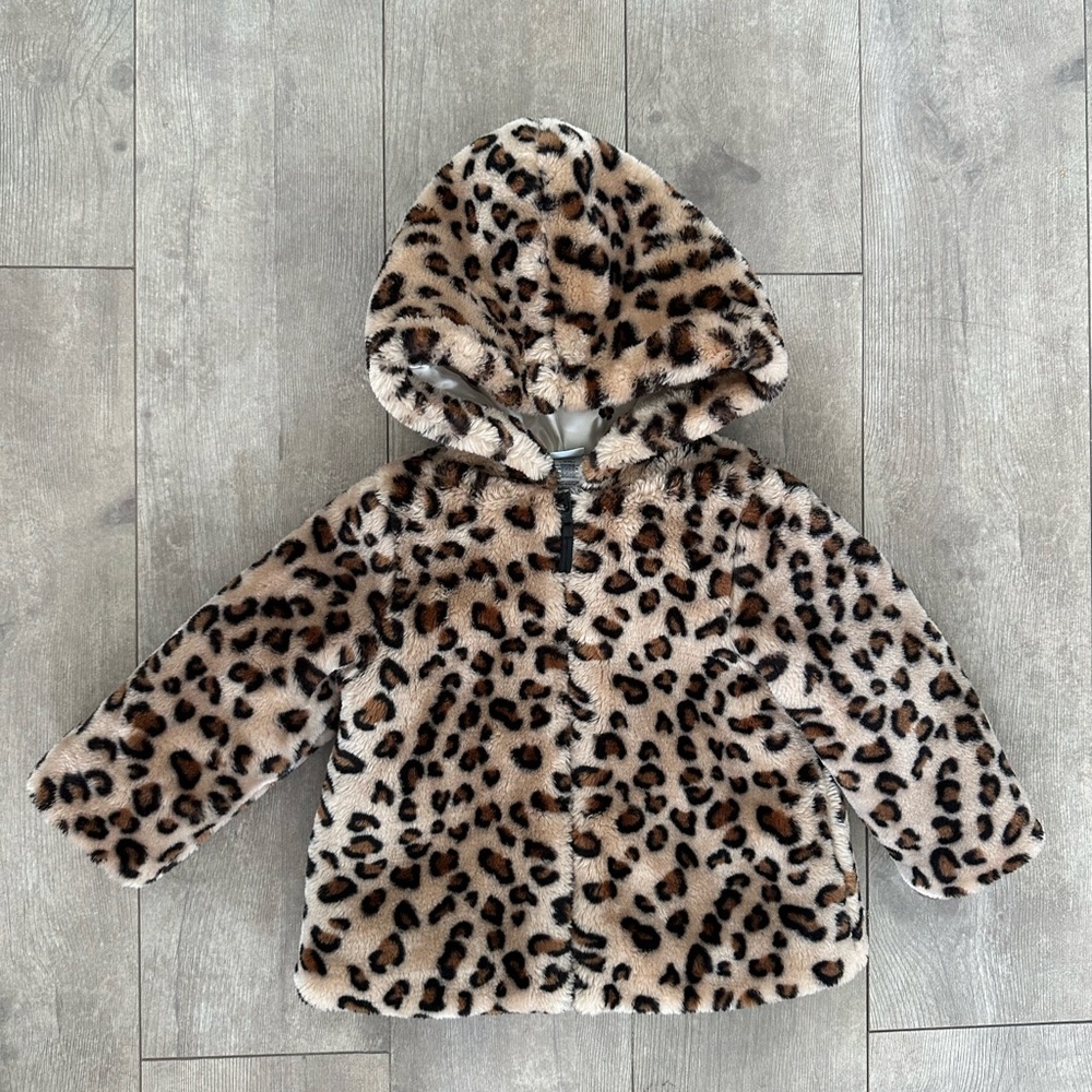 New Little Me Leopard Print Faux Fur Jacket Hoodie Coat Warm Baby Girl Size 18 M - Picture 13 of 16